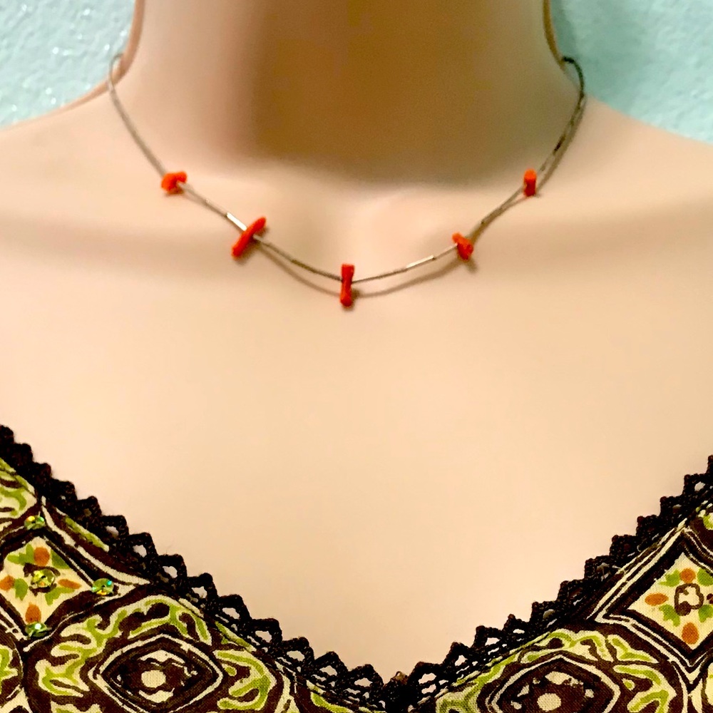 Vintage liquid sterling silver with coral chips necklace